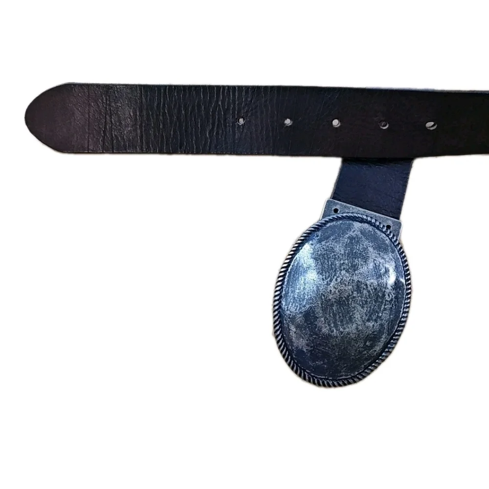Vintage England Express Black Leather Belt Sz 40 Hammered Gunmetal Oval Buckle